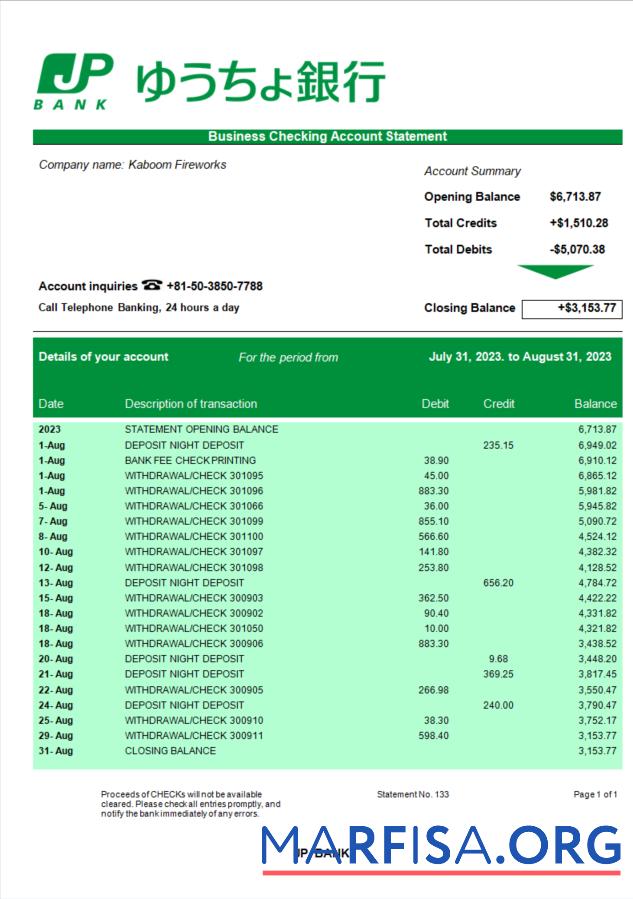 Realistic JP Bank (Japan Post Bank) organization statement Word and PDF template